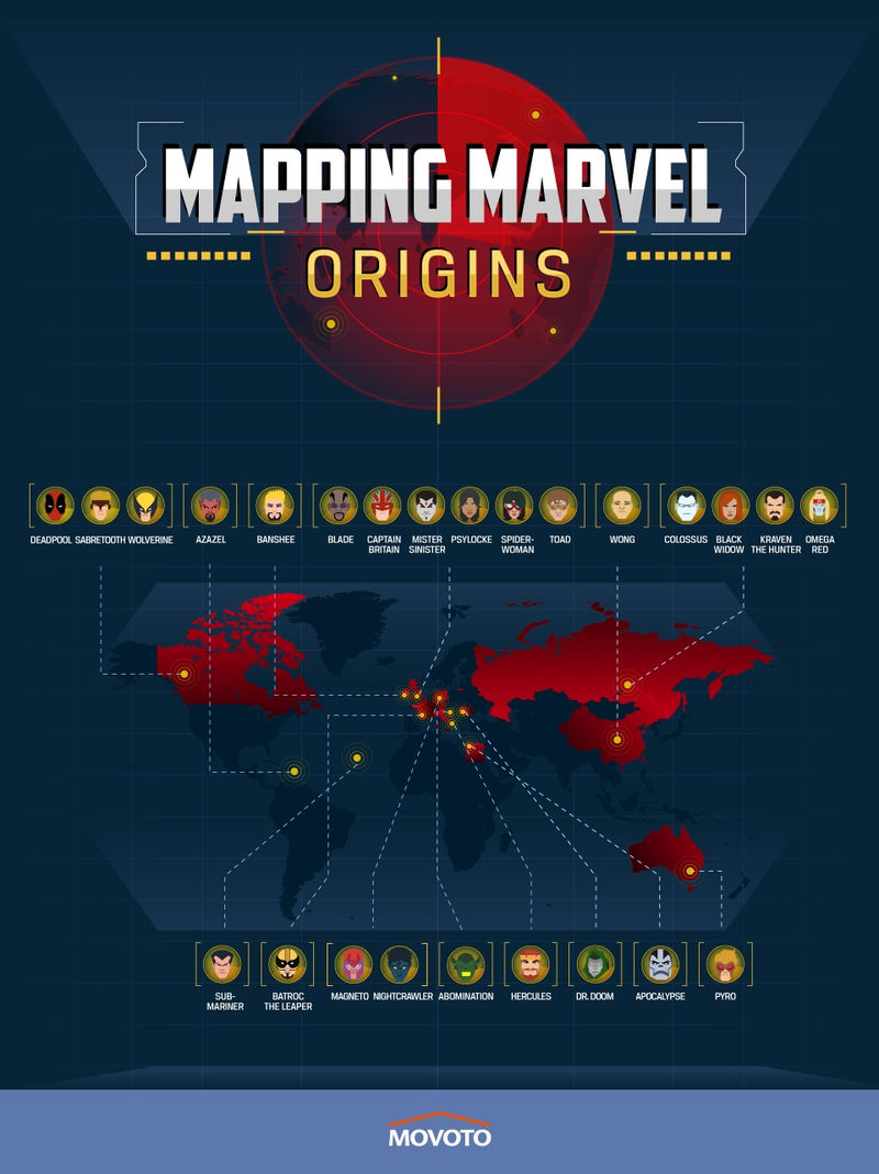 Illustration for article titled Here’s the birth locations of 75 Marvel characters, mapped across the world
